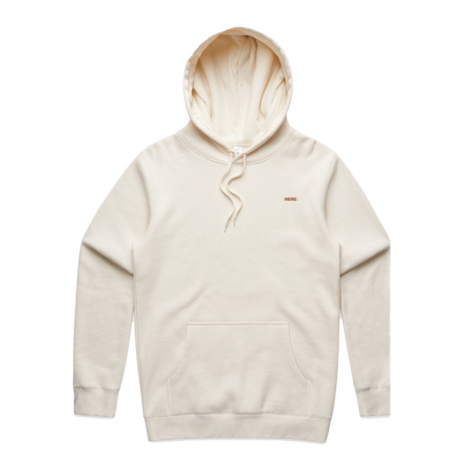A beige hoodie with a fleece lined hood, featuring a front pouch and a small brand logo on the chest.