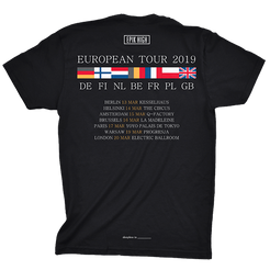 2019 European tour countries, flags, dates, black tee back Epik High