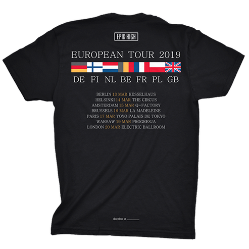 2019 European tour countries, flags, dates, black tee back Epik High