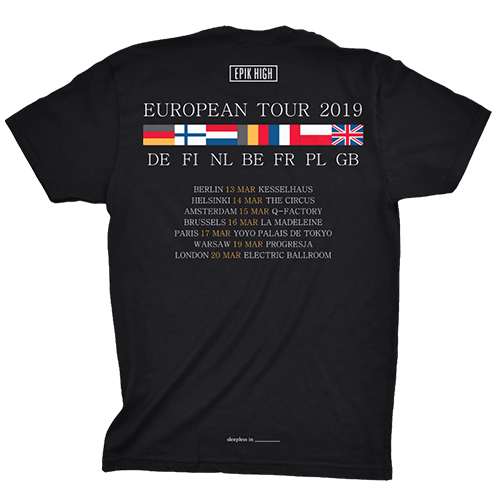 2019 European tour countries, flags, dates, black tee back Epik High